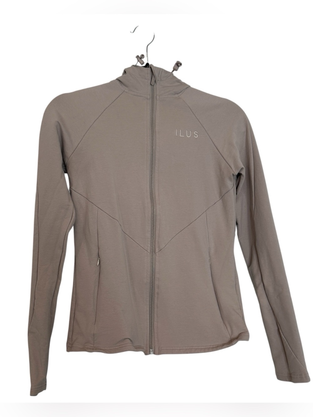 ILUS Label Full-Length Zip Track Jacket | Size XL | Taupe Neutral Hooded Jacket